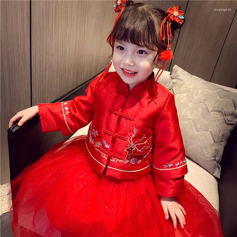 Roupas étnicas de inverno garotas vestidos chineses hanfu vestidos de bebê tang de tang de terno e saia