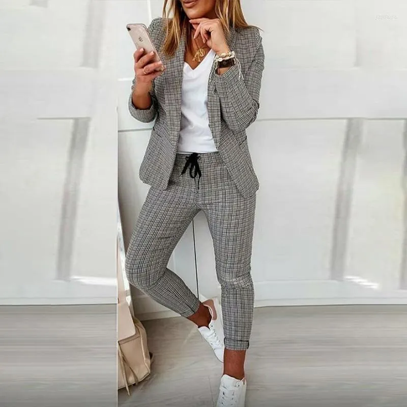 Pantalon deux pièces pour femmes 2022 printemps et automne mode 2 ensemble rose à carreaux formel pantalon costumes Blazer bureau dame conceptions femmes veste pantalon