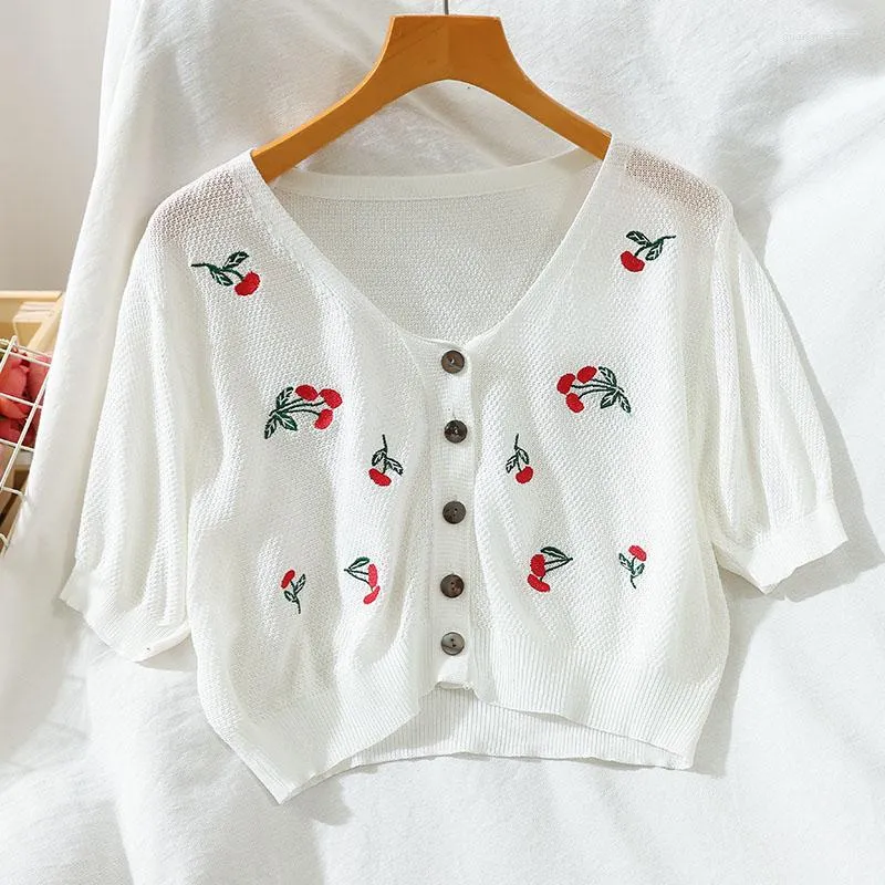 Women's Knits Heliar Women Knitted Crop Cardigan Top Cherry Embroidery Button Front Placket V Neck Sweet Tops Puff Sleeve Summer