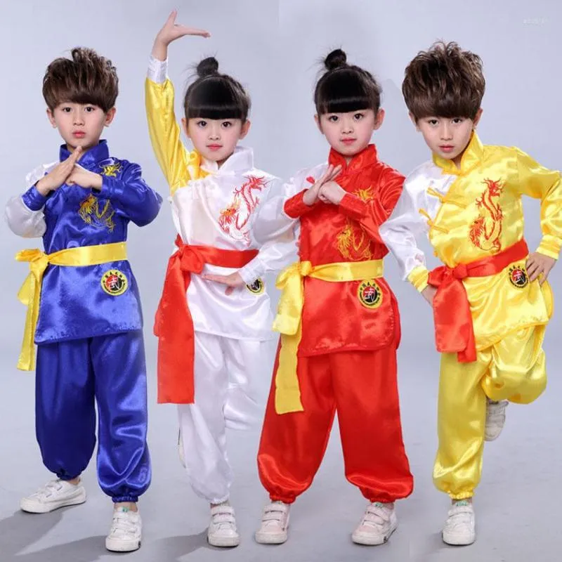 Stage desgaste infantil Chinês tradicional uniforme de kungfu hanfu ano taekwondo wushu tang terno bordado cetim meninos meninas taichi roupas
