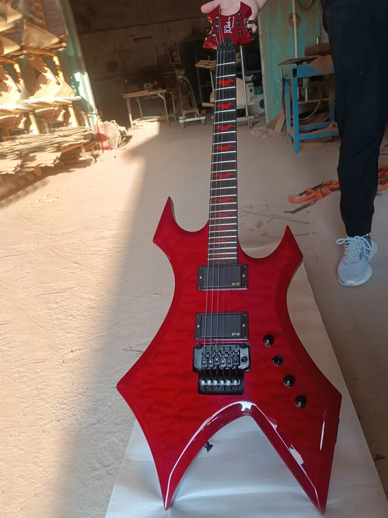 Anpassad BC Electric Guitar med quiltad Maple Top Red Bat -fingertavla och nagelhuvudgitarr