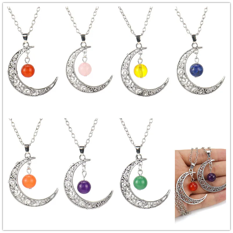 Collana con pendente a forma di luna cava di cristallo naturale in pietra Rero, perline da 10 mm, collana con ciondoli curativi in agata Reiki per gioielli da donna