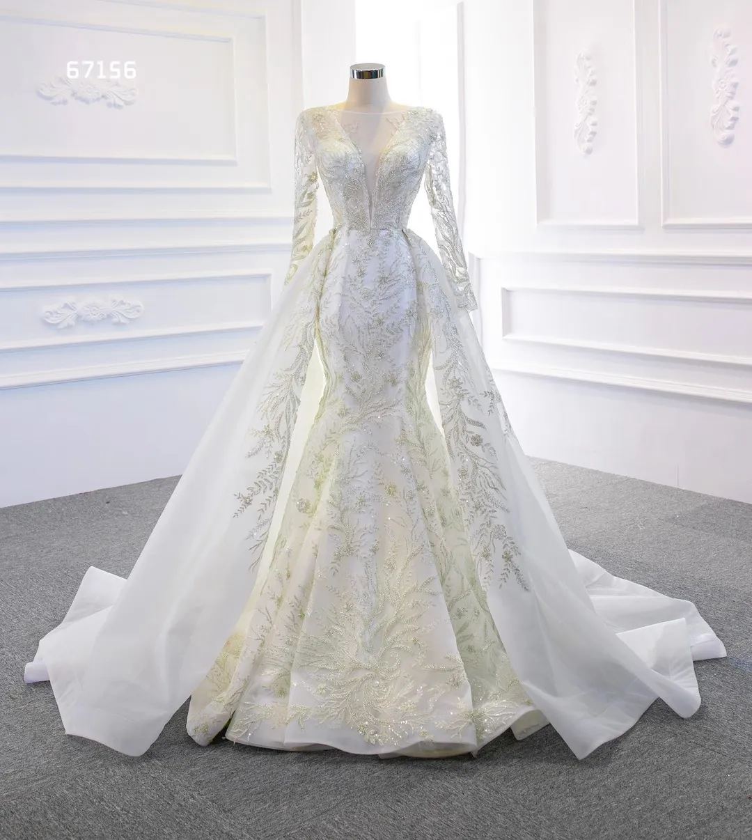 Robe de mariée sirène à manches longues avec train détachable SM67156