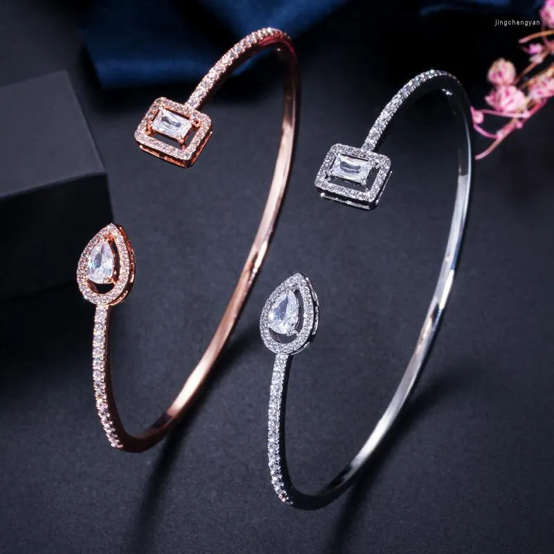 Bangle Trendy Exquisite Rose Gold and Silver Color Cubic Zircon Crystal Round Cuff Bangles for Women Dress Smycken