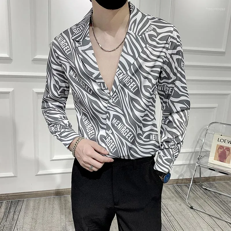 Мужские повседневные рубашки мужчины V-образные вырезы Zebra Pattern Blous