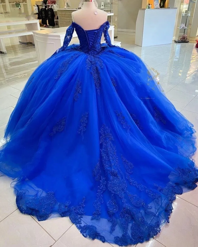 Royal Blue Sweet 16 Quinceanera Dresses Beaded Off Shoulder Prom Party Ball  Gown