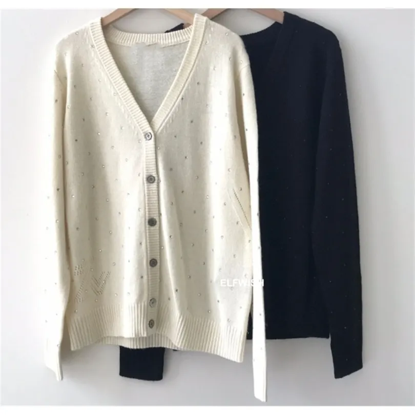 Giacche da donna Donna White Black Cashmere Cardigan Vneck Diamond Stamping Strass Dettagli Giacca a maglia a maniche lunghe 220930