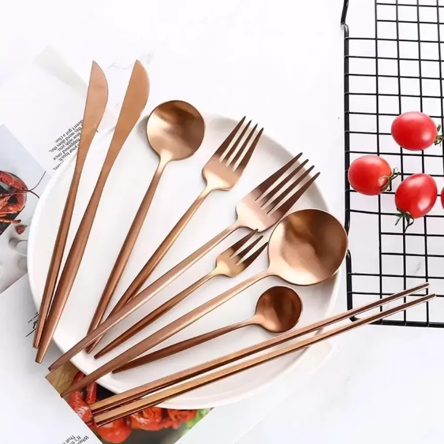 مجموعة أدوات المائدة الذهب الوردية سكاكين شوكة سكاكين فضية مجموعة زبدة الحلوى ملعقة المطبخ أدوات المائدة المطبخ مجموعة غرب B103