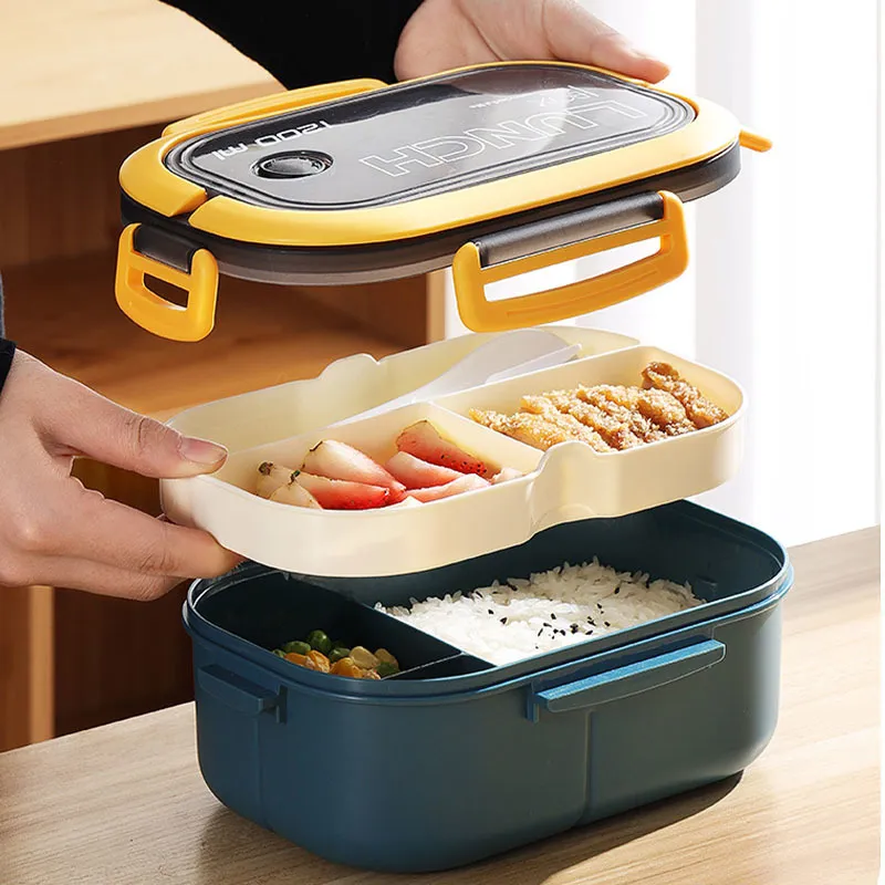 Bento Boxes Portable Hermetic Lunch 2 Layer Grid Children Student with Fork Spoon Leakproof Microwavable Prevent Odor School 220930