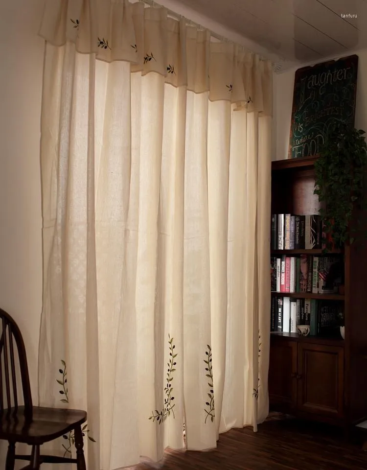 Curtain Olive Branch Embroidery Cotton Linen Curtains With Valance For Living Room Bedroom Finish Window Drapes