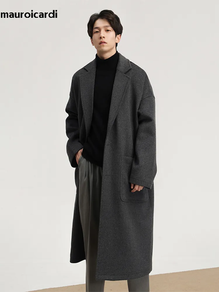 Men's Wool Blends Mauroicardi Autumn Winter Long Oversized Casual Woolen Trench Coat Men Pockets Single Breasted Loose Casual Korean Fashion 220930