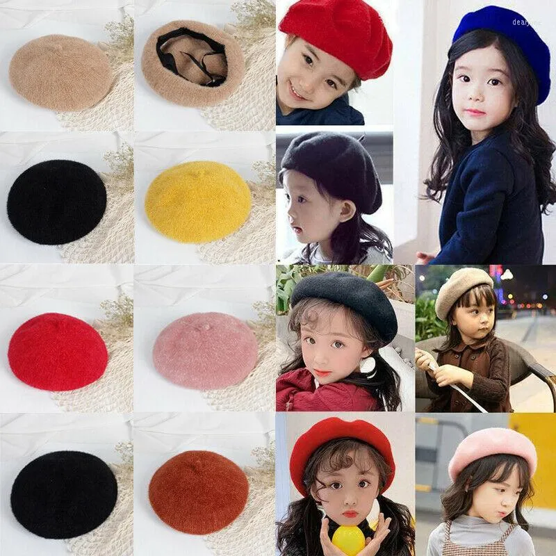 帽子ファッション子供キッドハット女の子ベレー暖かいプレーンビーニースボーイ秋の冬キャップソリッドキャンディーカラーベレー2-8T