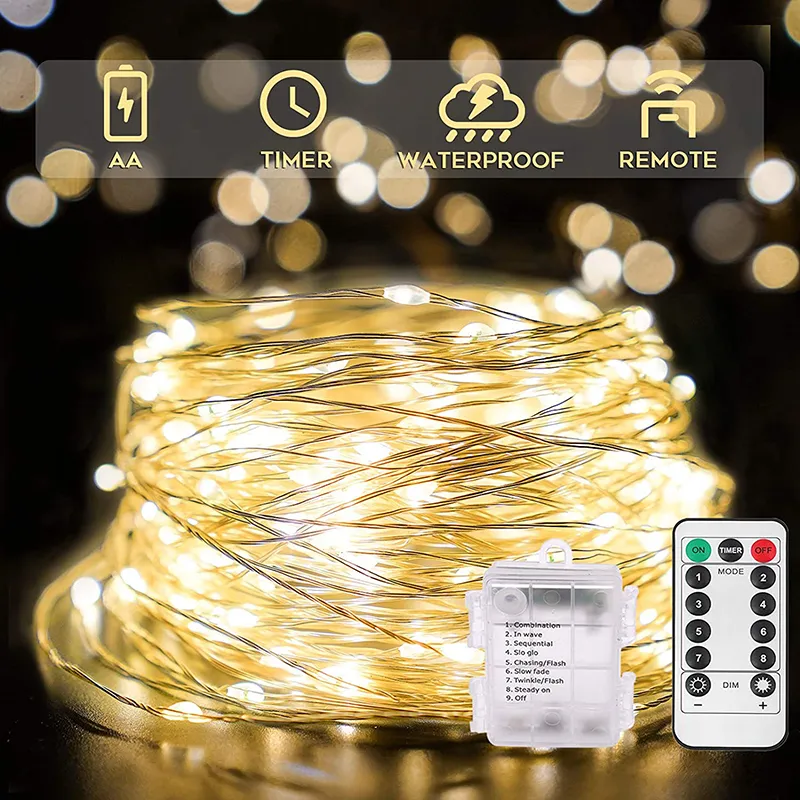 Guirlande lumineuse d'extérieur à 100LED, 33 pieds, alimentée par batterie, lumière scintillante avec télécommande