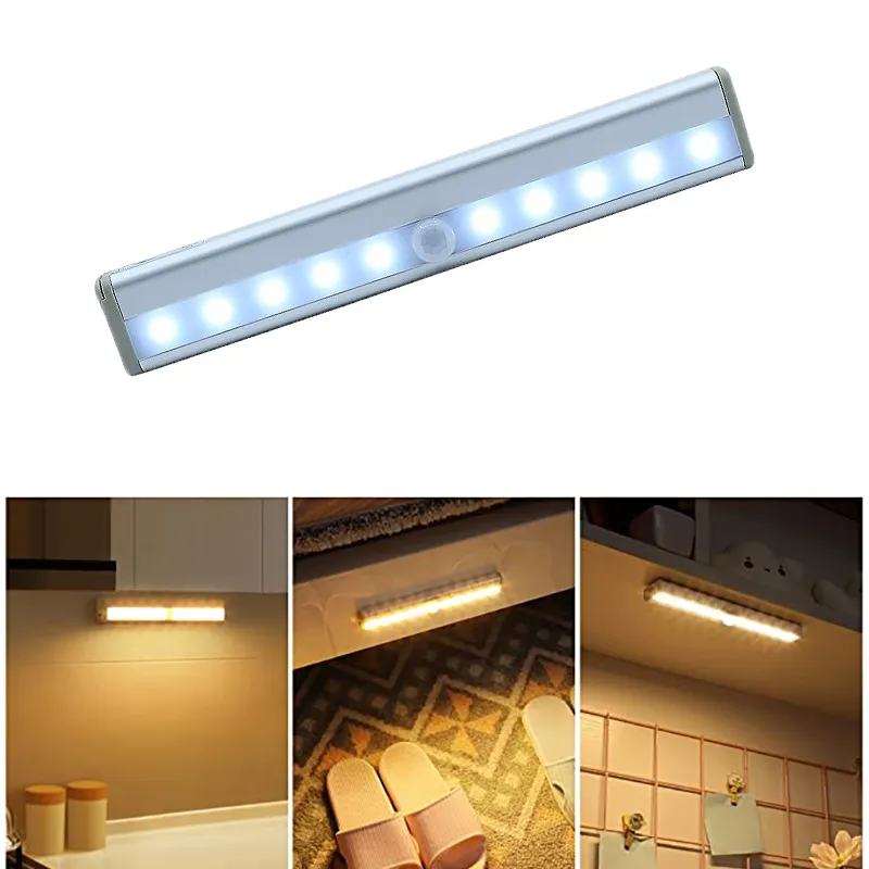 Schrankleuchte, wiederaufladbar, 10 LEDs, PIR-LED-Bewegungsmelder, Schrank, Kleiderschrank, Bett, Wandlampe, Nacht, Treppe, Küche