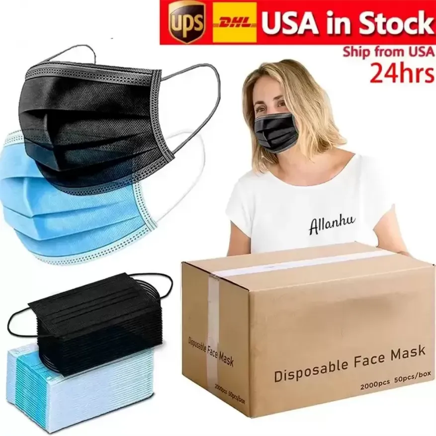 US STOCK 24hrs Protective Black Blue Disposable Face Mask Pack of 50pcs 2000carton for Men Women b103