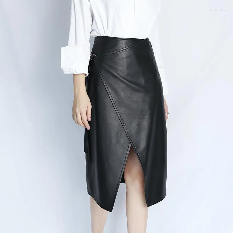 Skirts Autumn Winter Women' Black Leather Skirt Asymmetrical Design Loop Buckle Belt Sheepskin Midskirt Female Fashion