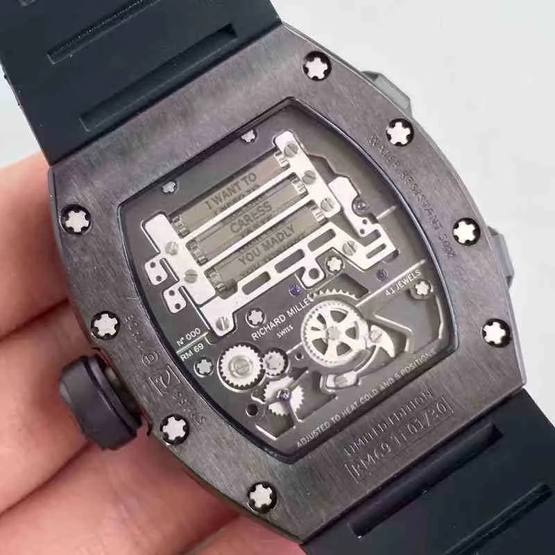 DHgate Luxury Mens Mechanical Watch Wine Barrel Richa Milles RM69 Series Automatic Ceramic Case Black Tape Swiss Movement Watches