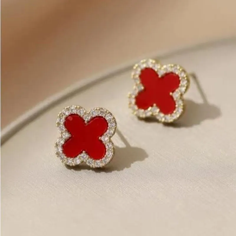 Boucles d'oreilles à tige en forme de feuille pour femmes et filles, mode de luxe, strass, fleur, aiguille en argent 925, bijoux d'oreille, noir, vert, blanc, rouge, quatre feuilles, breloque