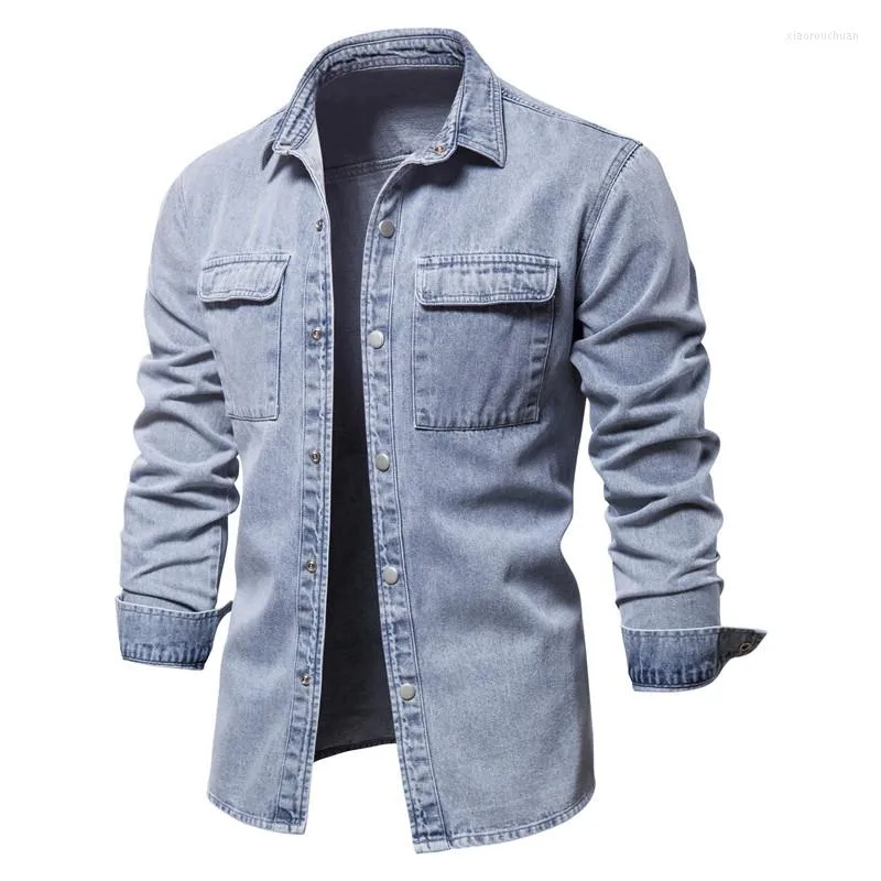 Men's Casual Shirts Spring Autumn Street Retro Mens Denim Shirt Jacket Washed-out Top Fashion Moto&Biker For Men Black Blue Korea Style