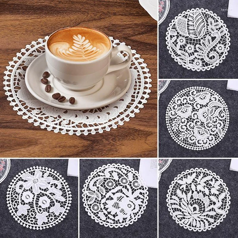 Table Mats 1PC Round Embroidered Lace Placemat Mat Home Decor Coffee Hollow Out Tea Cup Pads Tableware Kitchen Accessories