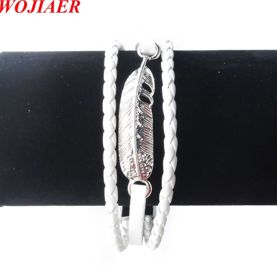 Vintage Feather Leather Multilayer Armband Men mode fl￤tat handgjorda snap rep wrap armband armband manlig g￥va BC014