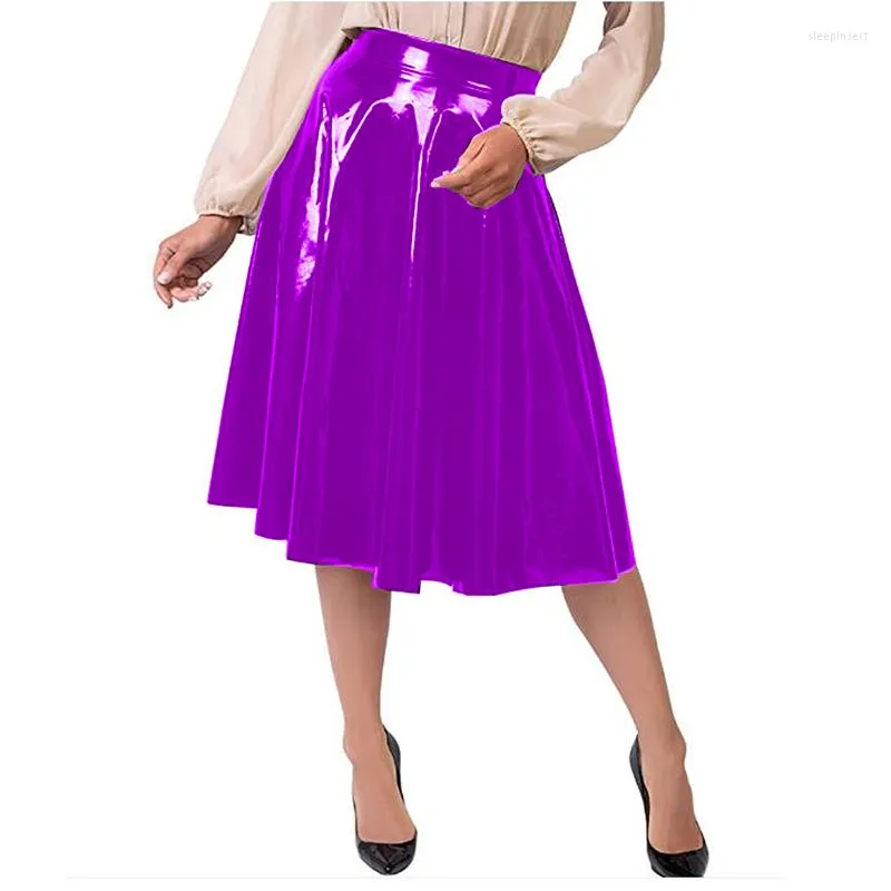 Kjolar kvinnor plus size pvc hög midja knälängd fast veckad kjol en linje glänsande kontor lady gothic stretch midi faldas