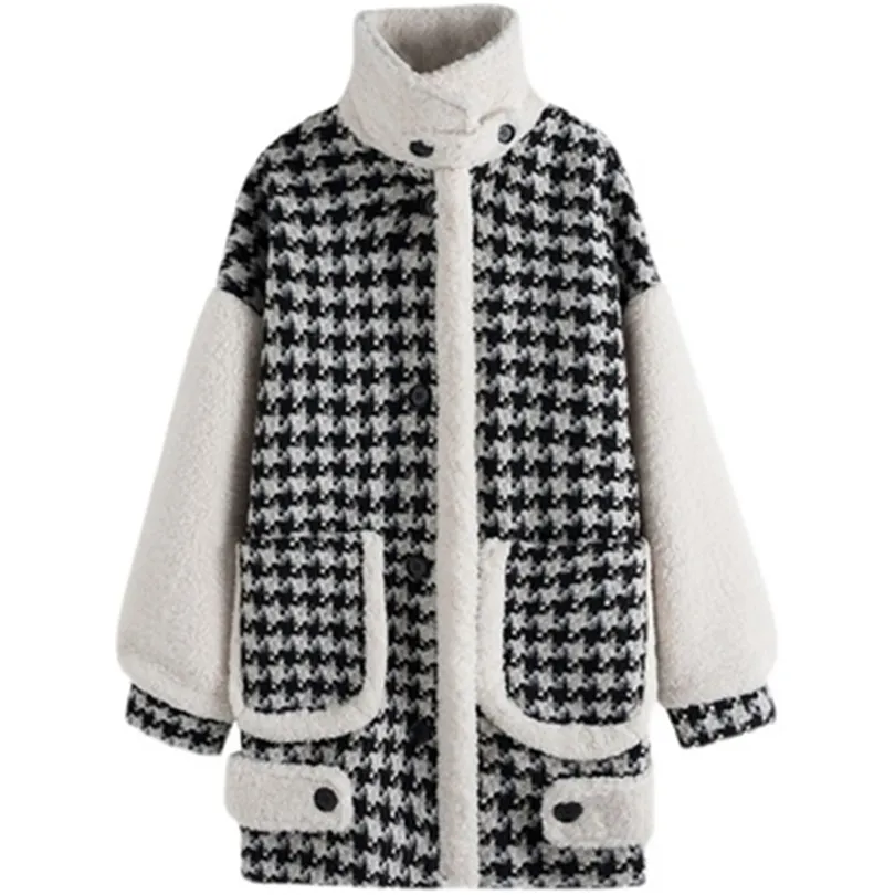 Womens Wool Blends Women Jackets Winter Houndstooth Female Woolen Coats Patchwork Lambswool Lady Outerwear Trendy Pockets Clothes 220930