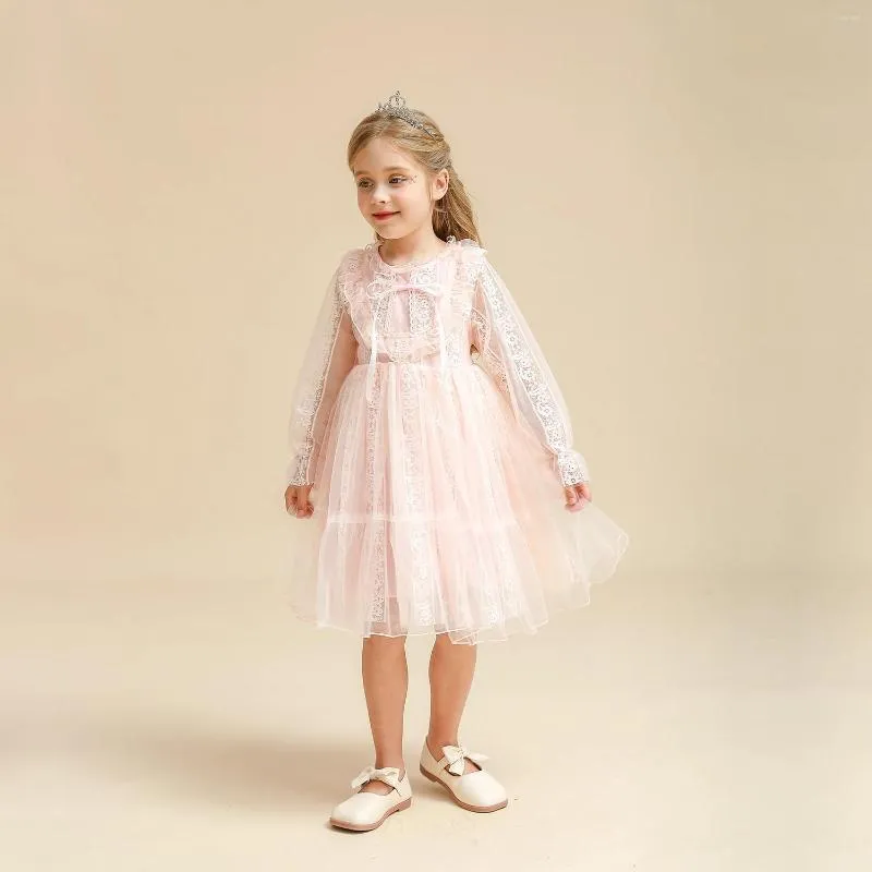 Robes de fille rose clair pleine Illusion manches fleur arc sur mesure longueur au genou robe de bal Poshoot