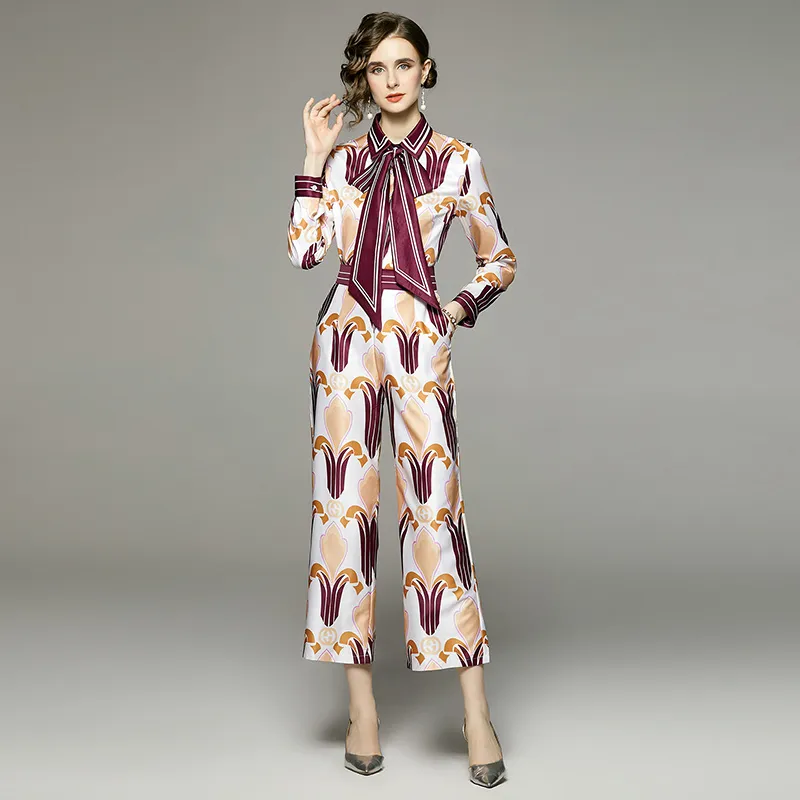 Ленточный лук женский брюки с двумя частями элегантные цветочные наборы 2022 Дизайнерские рубашки с длинными рукавами и широкие брюки для ног подходят для офисных повседневных нарядов
