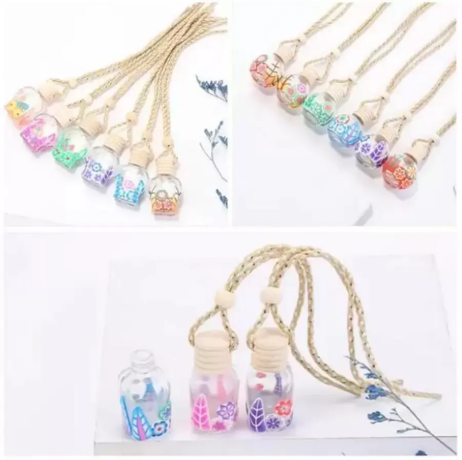 15 Colors Car Perfume Bottle Diffusers Empty Printed Flower Essential Oil Diffuser Ornaments Air Freshener Pendants Perfumes Glass Bottles b103