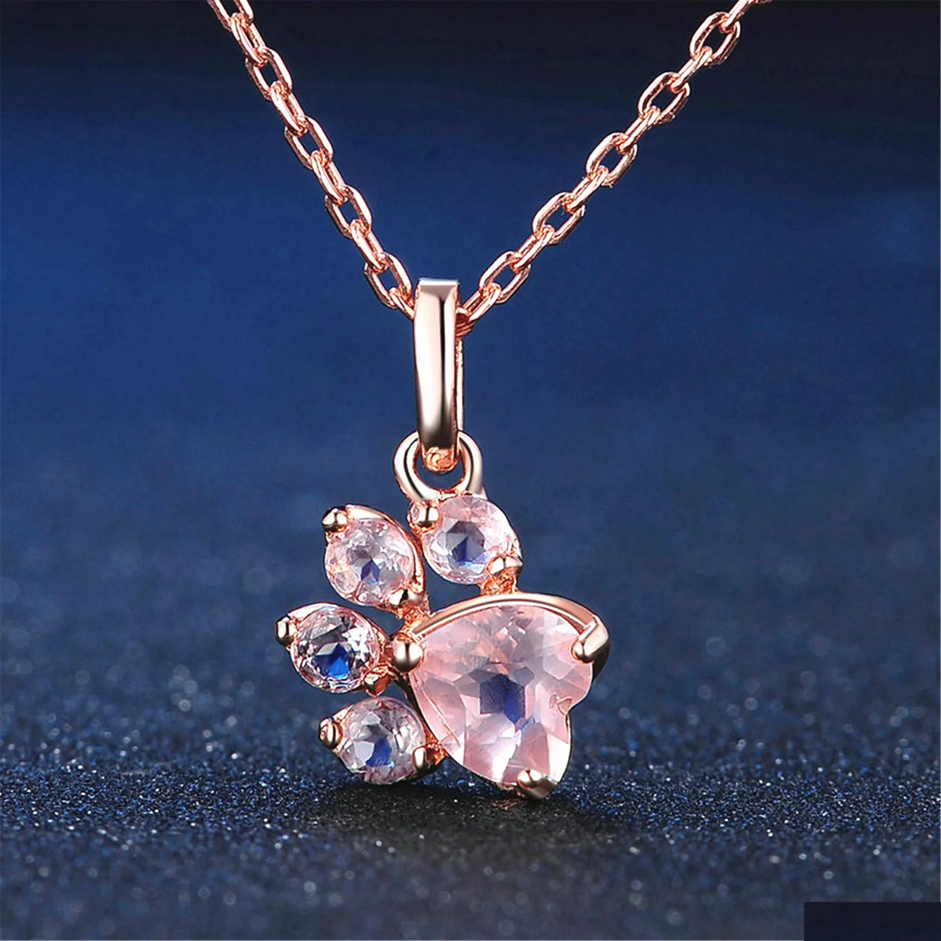 Pendant Necklaces Fashion Cute Rose Gold Bear Paw Dog Cat Claw Pink Necklace Shiny Cubic Zirconia Footprint Necklaces For Bdejewelry Dhs01