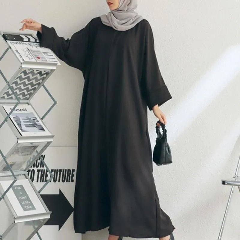 Casual Dresses Elegant Solid Color Large Hem Traditional Dress O-neck Batwing Long Sleeve Slant Pockets Unique Ankle Length Robe