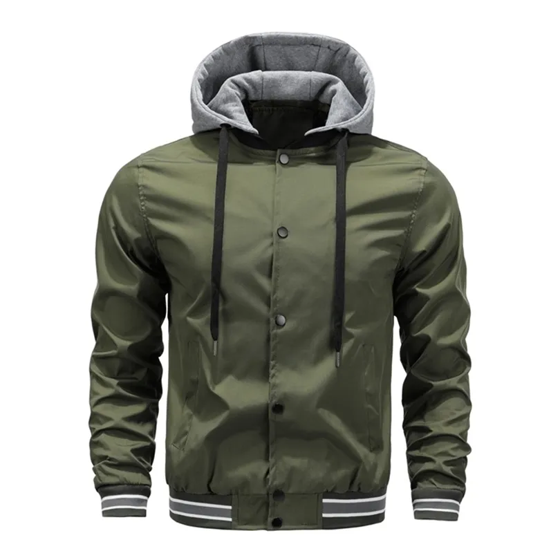 Męskie kurtki Spring Autumn Solid Kolor Odłączany stojak na baseball z kapturem kołnierz Casual Slim Fashion Bomber Men 220930