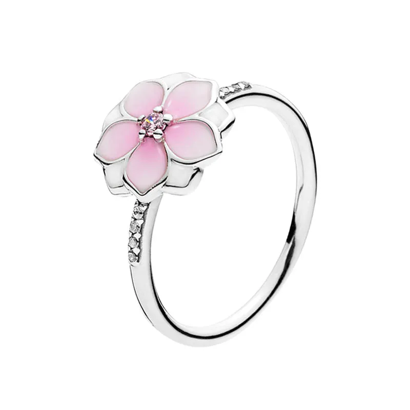 Pink Magnolia Bloom Ring Autentic Sterling Silver S￶ta kvinnor Br￶llopsdesigner smycken med originall￥da f￶r Pandora blek cerise emaljblommor ringar