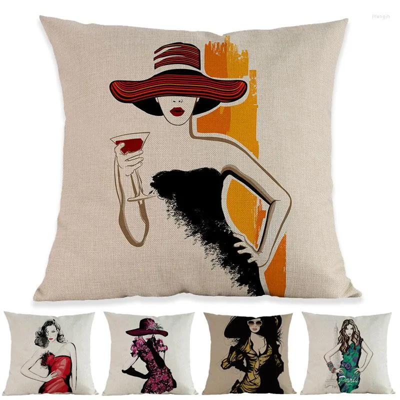 Kussen aquarel stijl schets mode vrouw schoonheid vrouwelijk model pose throw case home bank kamer decoratieve covers