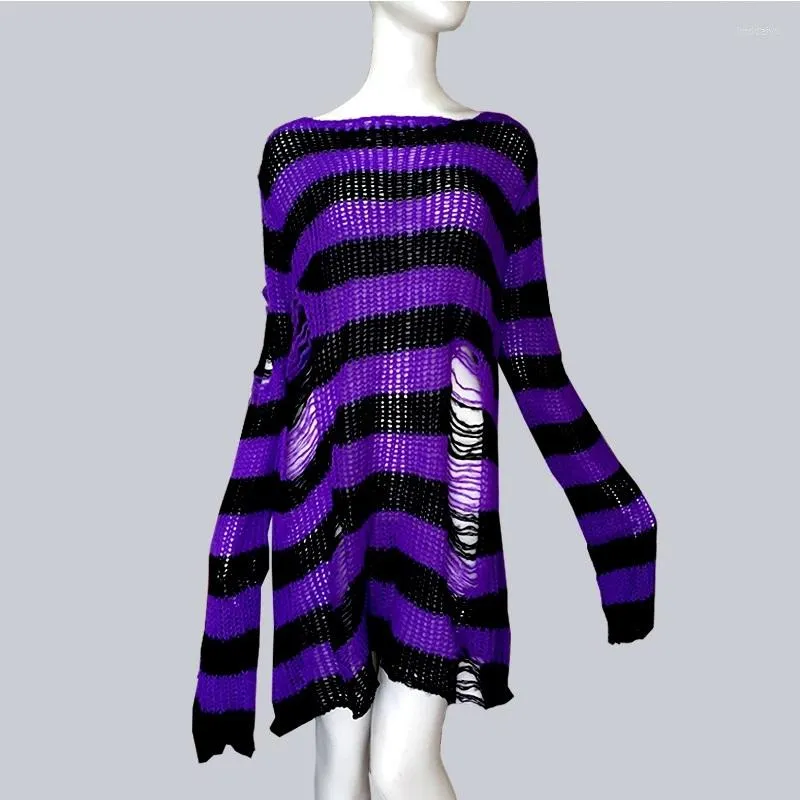 Women's Sweaters Plus Size Punk Gothic Long Unisex Sweater Dress Cool Hollow Out Hole Broken Jumper Loose Rock Thin 2022 Women Man Striped