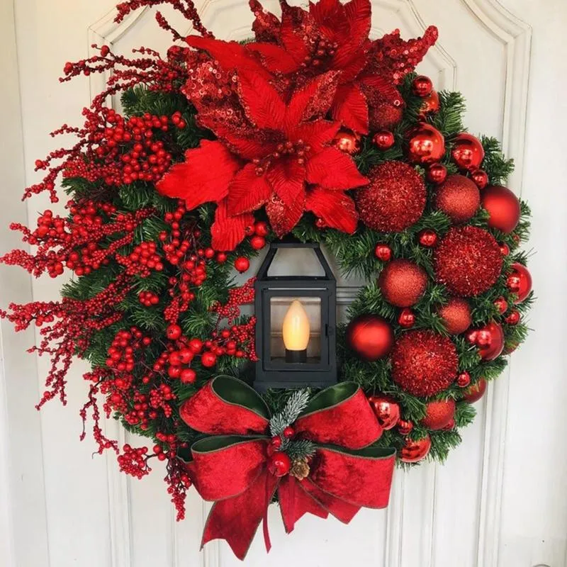 Dekorativa blommor 38 cm julkransar med ljusljus f￶nster ytterd￶rr h￤ngande dekorationer r￶da b￤r konstgjorda blomma kransar