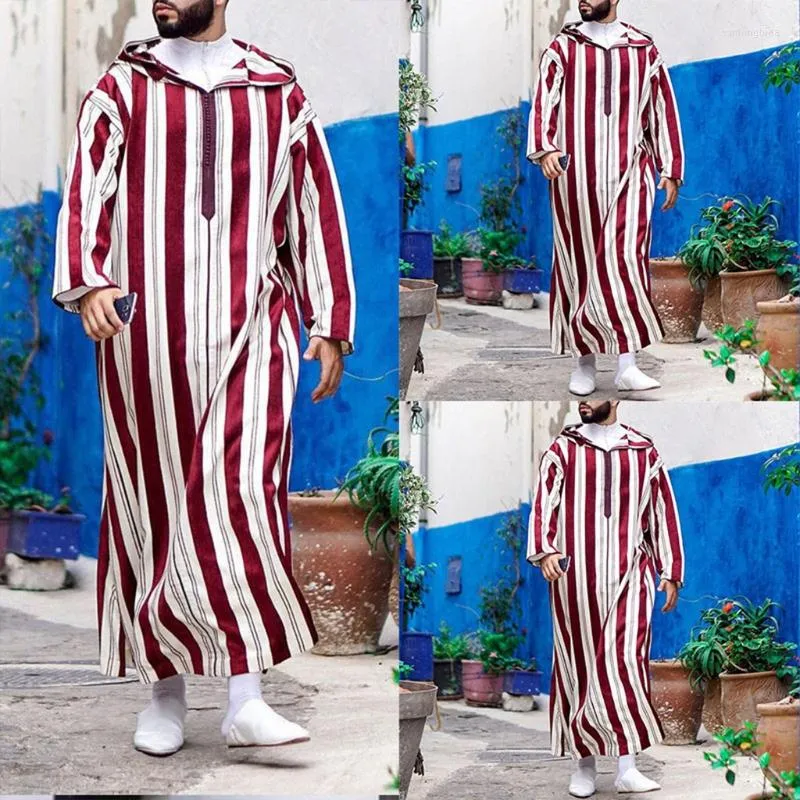 Abbigliamento etnico Abbigliamento Thobe musulmano Uomo Felpa con cappuccio Ramadan Robe Kaftan Abaya Dubai Turchia Uomo islamico Casual Strisce rosse larghe