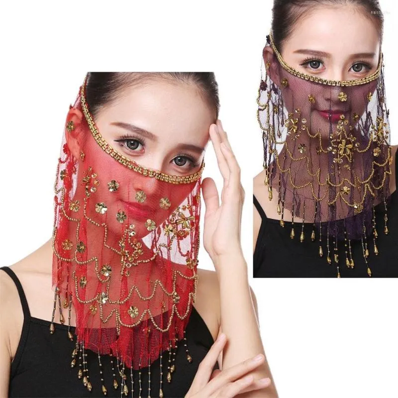 Stage Wear Belly Dancer Veil Accessories Chiffon Halloween Face Dress Up Beautiful With Sequins Dancing Sequin Fringe