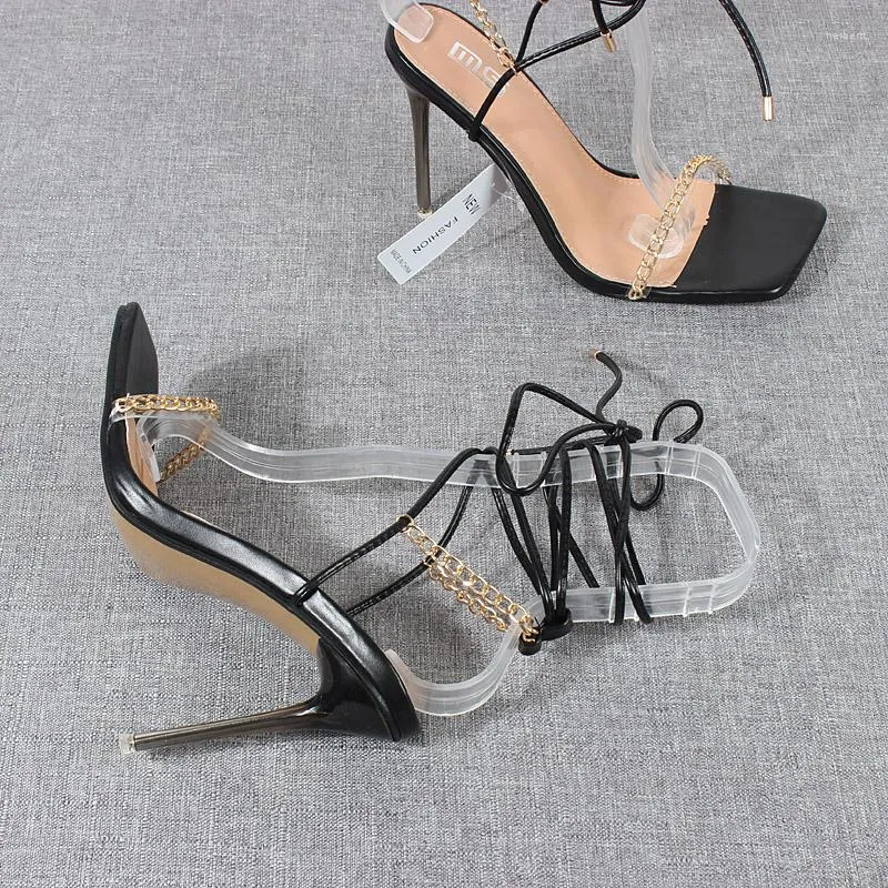 Sandaler Kvinnor skor 2022 Summer PVC Crystal Chain High Heel Ankle Strap Akryl Stiletto Fashion Sexy Women