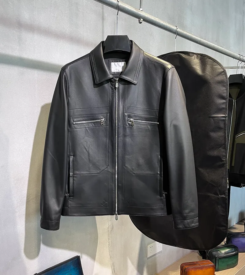 Tasarım Yeni Erkekler İş Gündelik Deri Ceket Lüks Giyim Marka koyun derisi Malzeme Motosiklet fermuar ceket