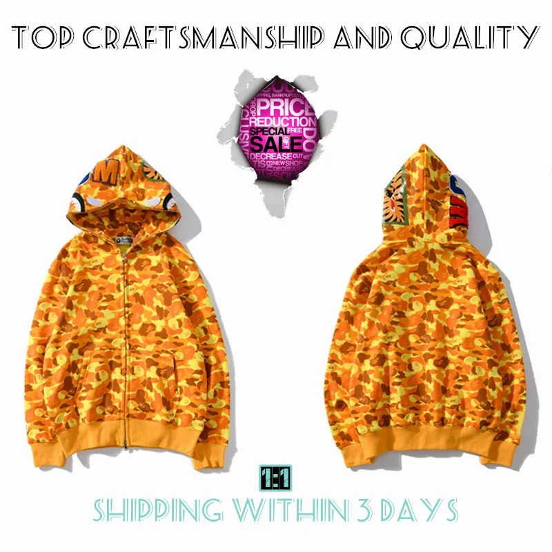 Top Craftsmanship Mens hoodies apes hoodie designer jacket shark pullover tiger full zip color Harajuku sweatshirt Fashion co-branding camouflage hoodys 2-3