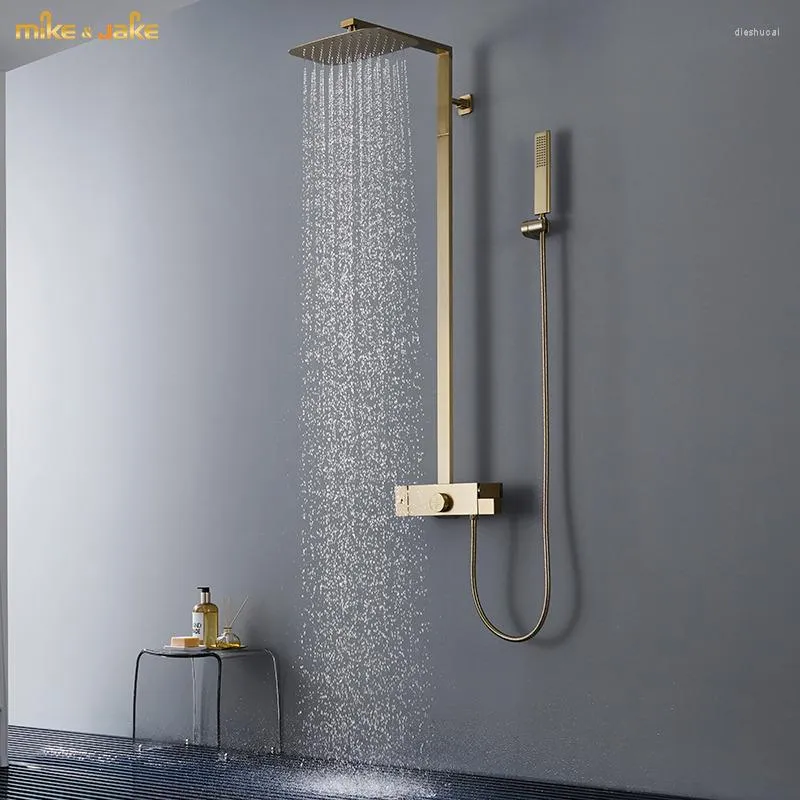 Badkamer douche sets geborsteld goud thermostatische set regenval kraan muur mixer en koude badtap