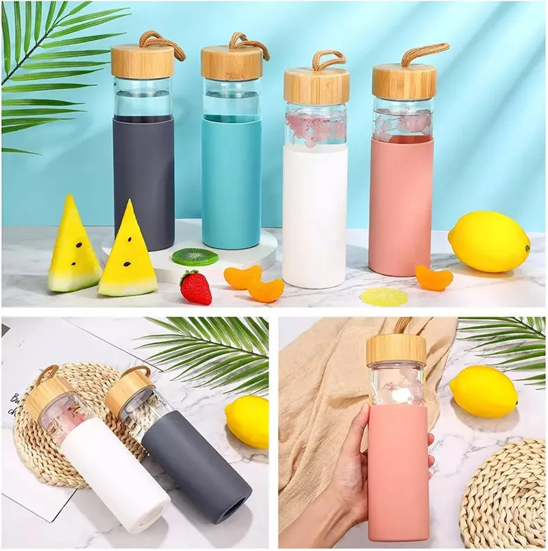 500ml 17oz Borosilicate Glass Water Bottle Drinking Tumbler Cups Insulated With Bamboo Lids and Silicone Protective Sleeve BPA Free