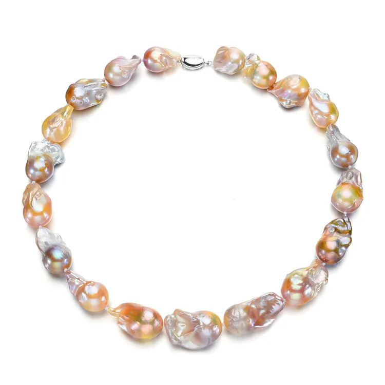 15-20mm natural freshwater pearl necklace 925 sterling silver baroque mixed color flameball shape pearl jewelry