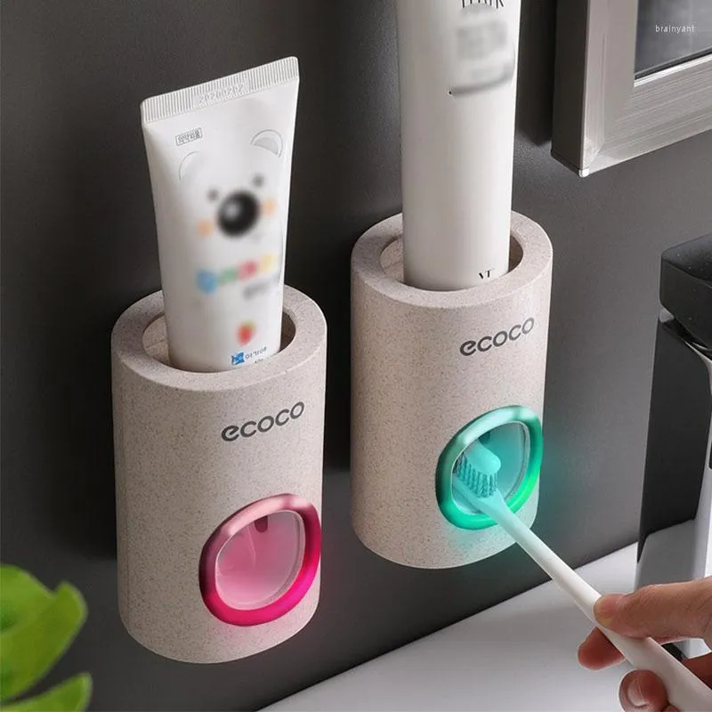 Bath Accessory Set Automatic Wall Mount Toothpaste Dispenser Bathroom Dust-proof Squeezer Bamboo Fiber Toothbrush Holder Accessories