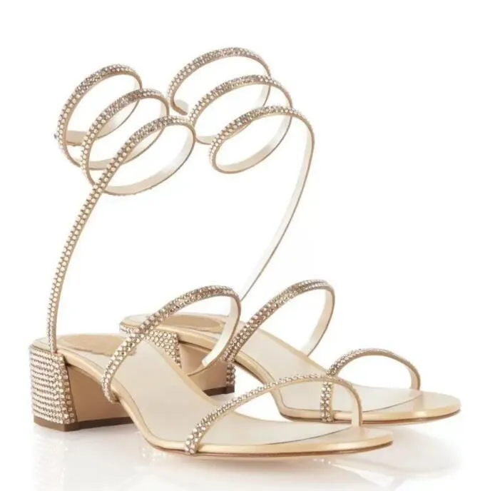 Summer Golden Classic sandals embellished with ribbons snake shaped soft and shiny ankle soles open toed elegant women's fashion wedding low heels