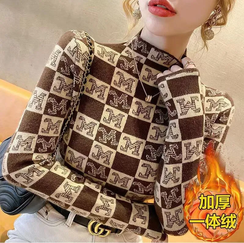 Swetery dla kobiet za gętne gulanie zagęszczone literę z długim rękawem Podstawowa koszulka Lady Tee Top