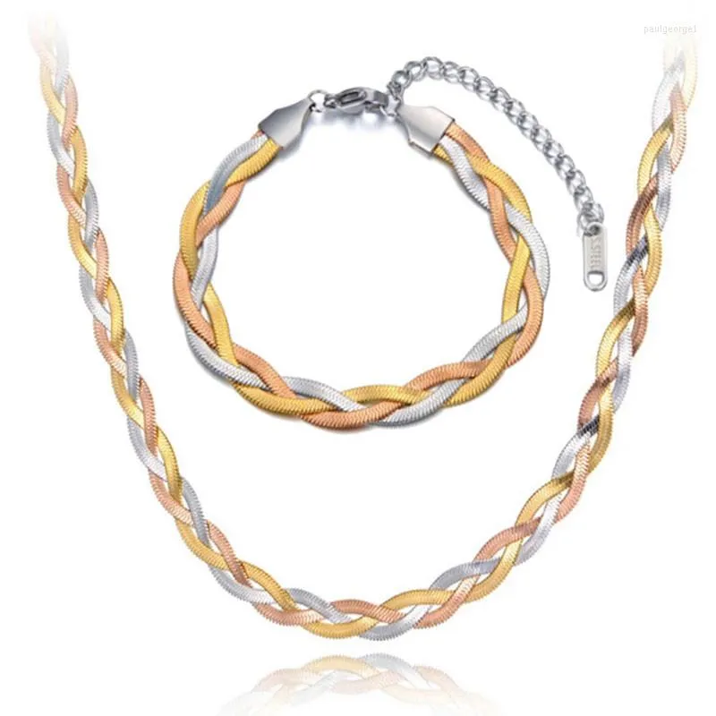 Halskette Ohrringe Set 316L Edelstahl Gehobener Schmuck Mehrfarbig Twist Weben Schlangenknochen Kette Choker Halsketten Armband Für Frauen