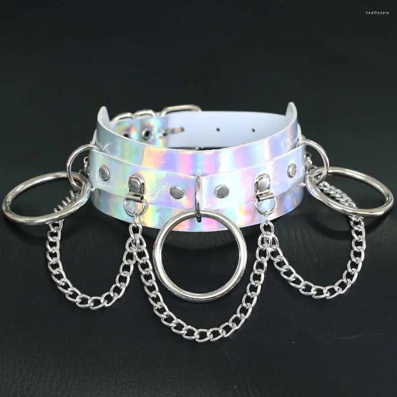 Choker 4.4cm Sexig Harajuku o-runda hoops laserpunk läder krage halsband med kedjor vridmoment klubbfest anime smycken